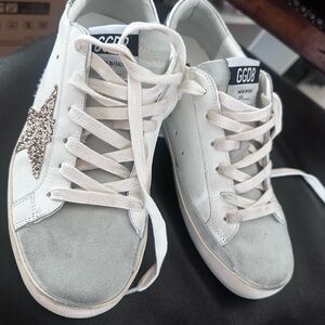 Golden Goose White and Silver Star Flats